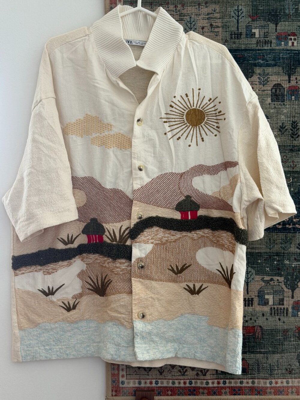 Zara Men’s 100% Cotton Button-Up Shirt — Embroidered Desert Landscape